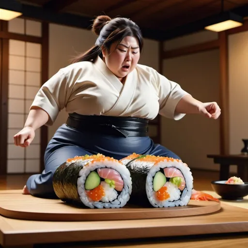 Prompt: Fat Japanese woman fighting a giant sushi roll. 8K. UHD. Photorealistic. Super detailed.