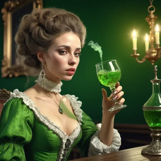 Prompt: Surreal fantasy. Beautiful baroque woman drinking absinthe. Surrealism. 8K. UHD. Photo realistic. Hyper detailed.