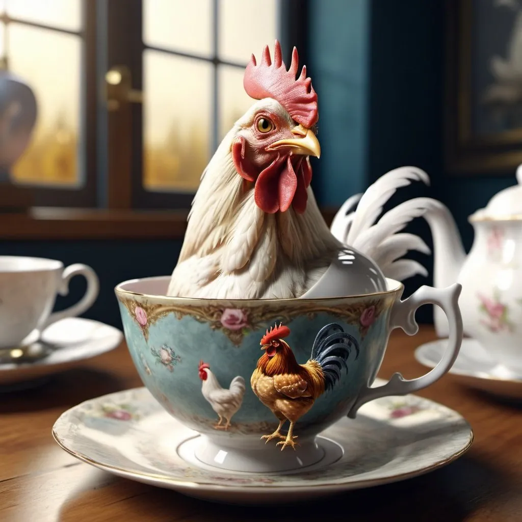 Prompt: Surreal fantasy chicken in tea cup. Surrealism. 8K. UHD. Photo realistic. Hyper detailed.