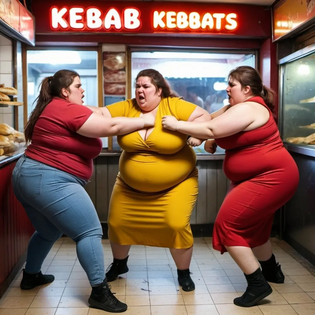 Prompt: Fat women fighting in kebab shop