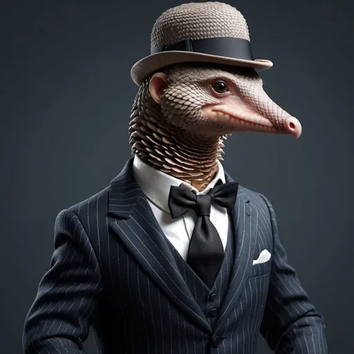 Prompt: Pangolin wearing pinstripe suit and bowler hat. UHD. Photorealistic. 8K. Hyper detailed.