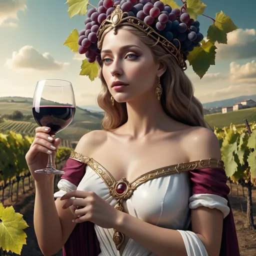 Prompt: Goddess of wine. Surrealism. 8K. UHD. Photo realistic. Hyper detailed.