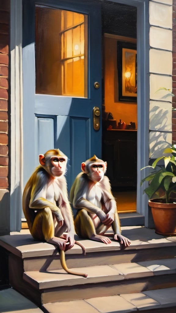 Prompt: Monkeys sitting on doorstep in New York. Morning. Soft lighting. Oil painting. 