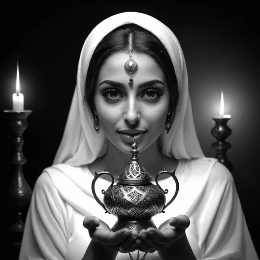 Prompt: Beautiful Arabic woman hold magic lamp with genii. Photorealistic. Black and white. UHD. 8K