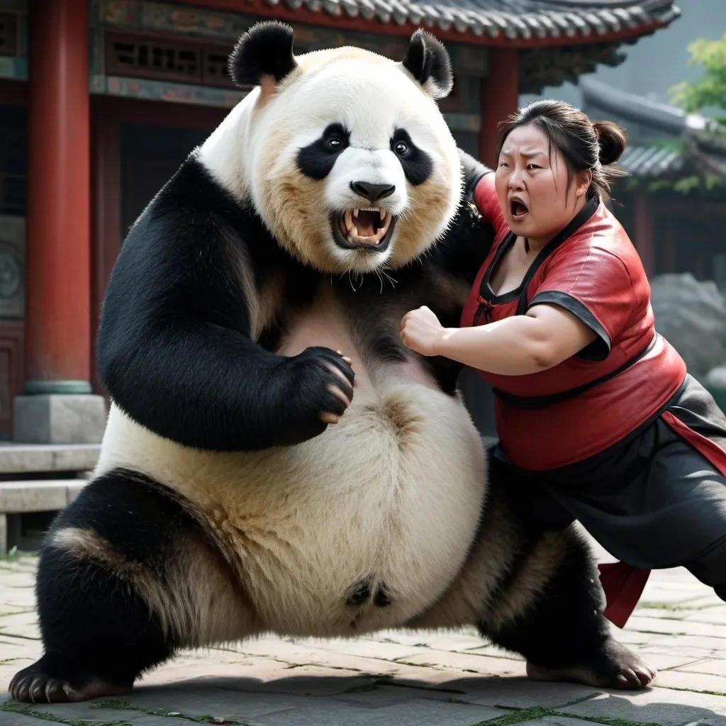 Prompt: Fat Chinese woman fighting panda. 8K. UHD. Photorealistic. Super detailed.