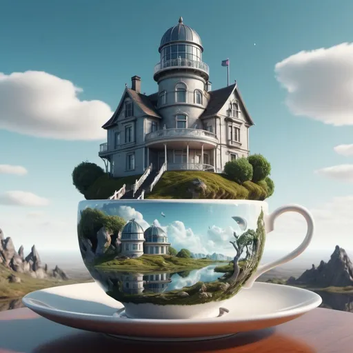 Prompt: Surreal fantasy observatory in tea cup. Surrealism. 8K. UHD. Photo realistic. Hyper detailed.