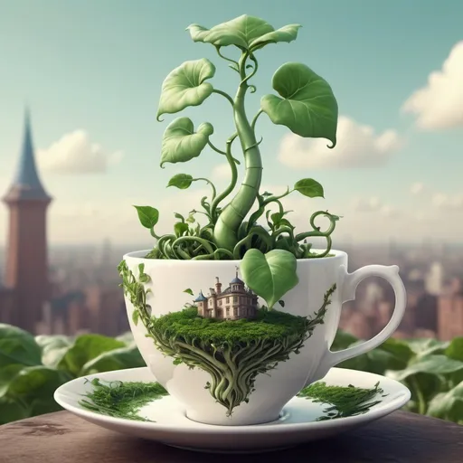 Prompt: Surreal fantasy beanstalk in tea cup. Surrealism. 8K. UHD. Photo realistic. Hyper detailed.