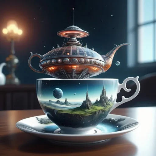 Prompt: Surreal fantasy space ship in tea cup. Surrealism. 8K. UHD. Photo realistic. Hyper detailed.