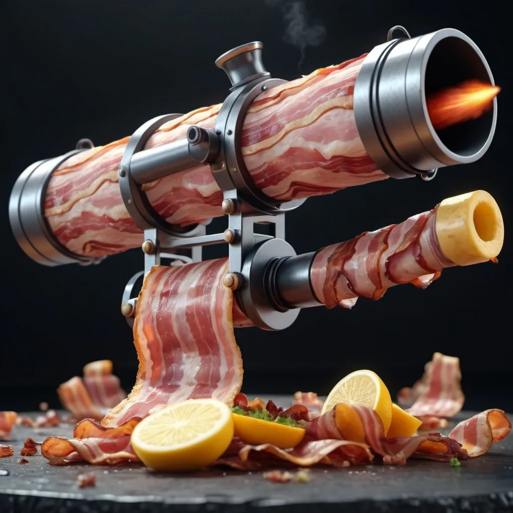 Prompt: Bacon cannon. Surrealism. 8K. UHD. Photo realistic. Hyper detailed.