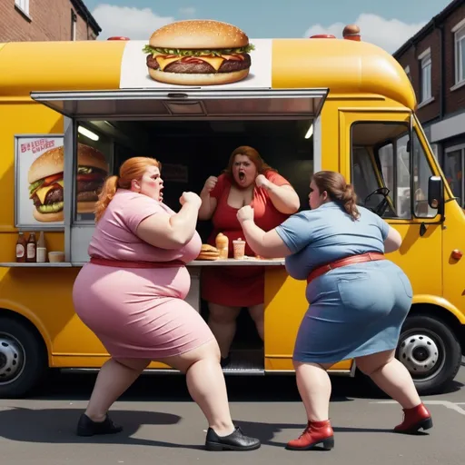 Prompt: Fat women fighting outside burger van. 8K. UHD. Photorealistic. Hyper detailed. 