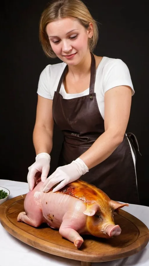 Prompt: Roast suckling pig. Ham-handed woman