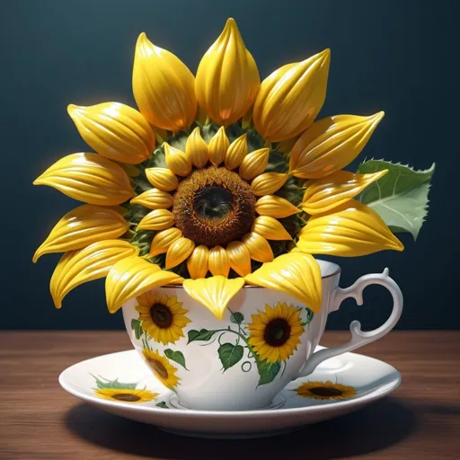 Prompt: Surreal fantasy sunflower in tea cup. Surrealism. 8K. UHD. Photo realistic. Hyper detailed.