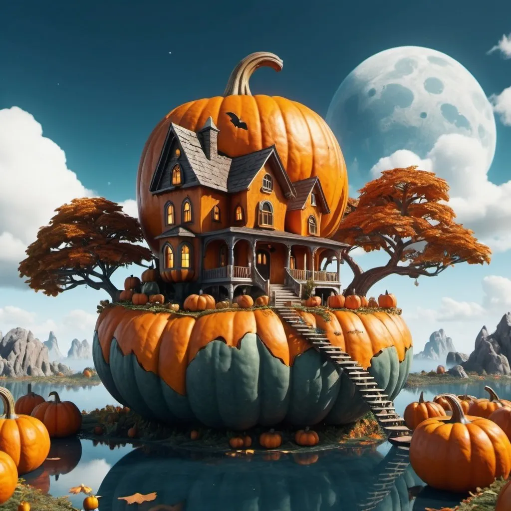 Prompt: 8K, UHD, Super detailed. Pumpkin house on flying sky island. Surreal.