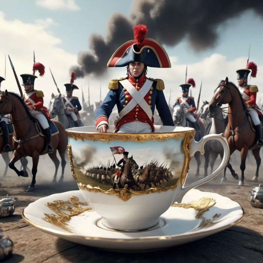 Prompt: Surreal fantasy Napoleonic battle in tea cup. Surrealism. 8K. UHD. Photo realistic. Hyper detailed.