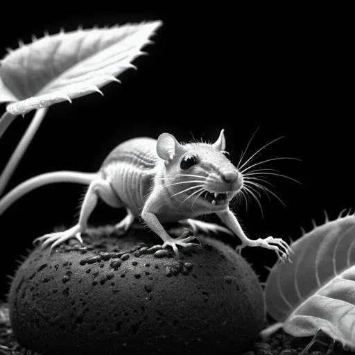 Prompt: 8K, UHD, ultra realistic. Venus fly trap eating rat. Black and white