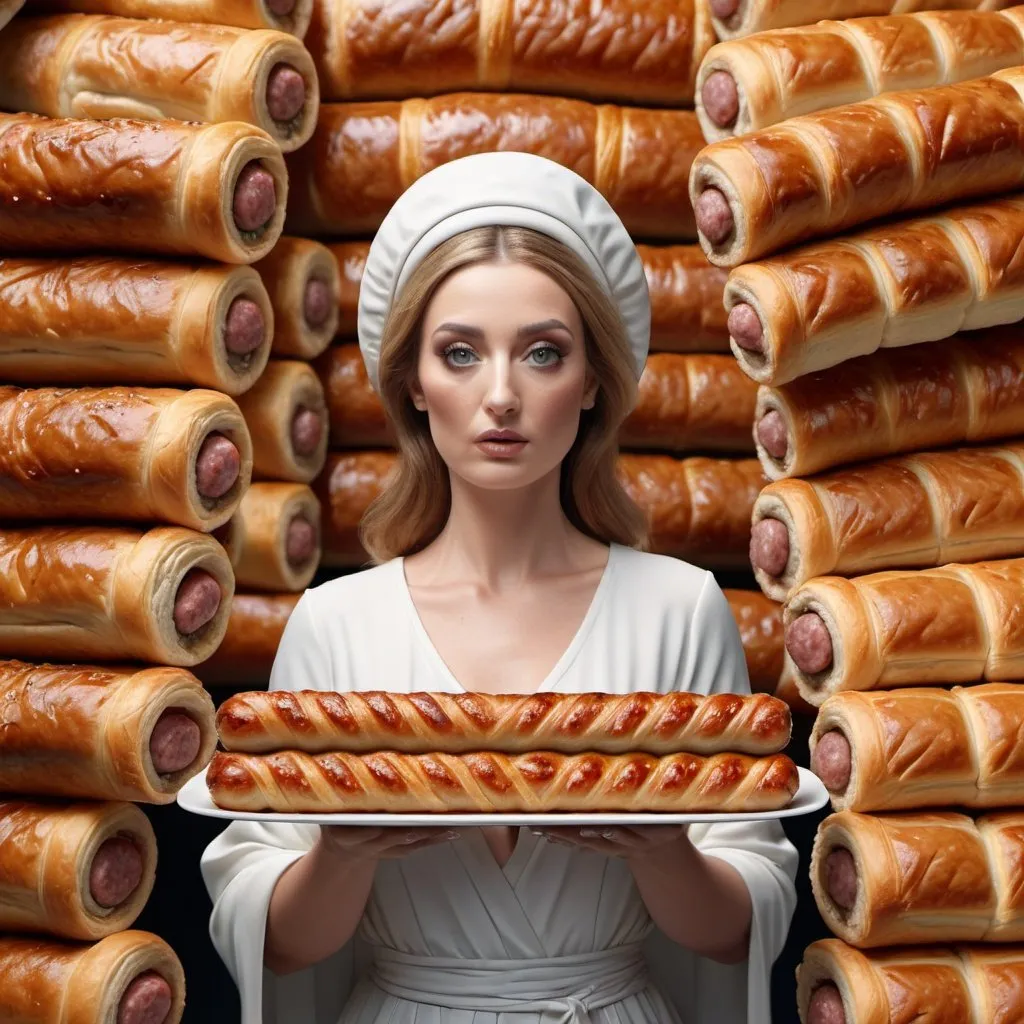 Prompt: Goddess of sausage rolls. Surrealism. 8K. UHD. Photo realistic. Hyper detailed.