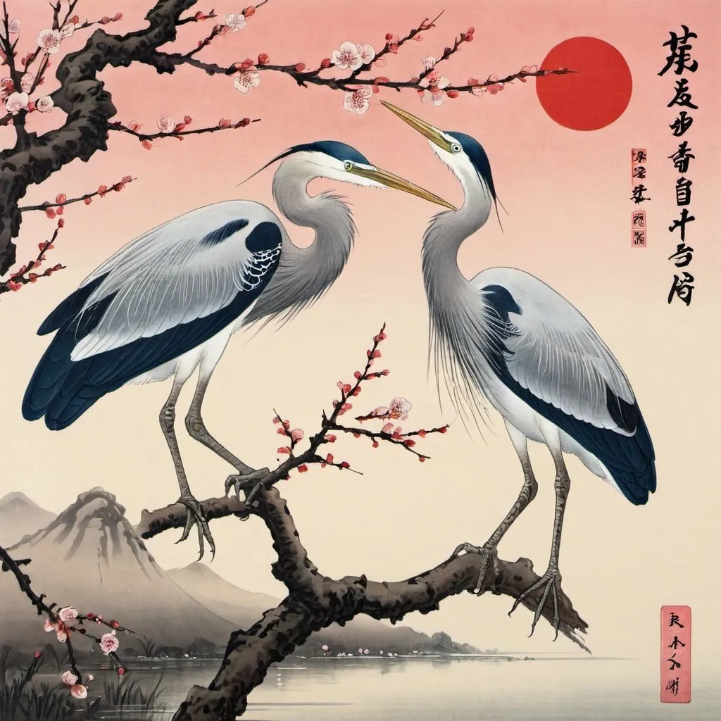 Prompt: Plum blossom and herons