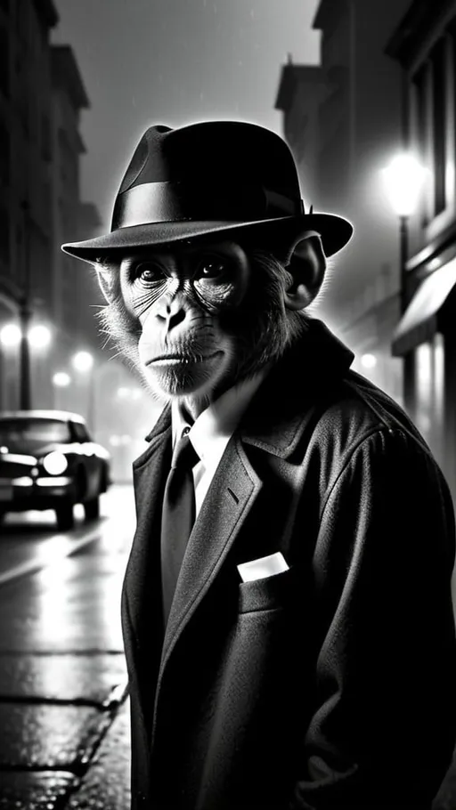 Prompt: Monkey wearing fedora. Misty city street at night. Film noir poster