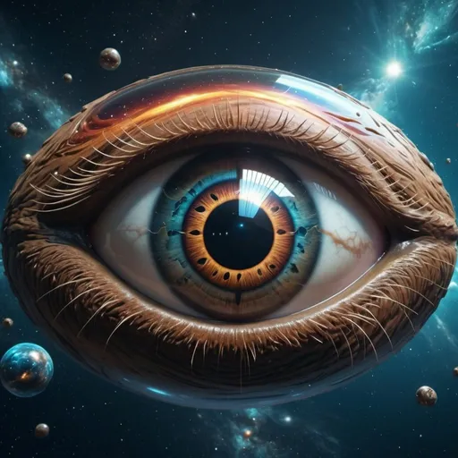 Prompt: Surreal fantasy eye floating in space. Beaver disco. Surrealism. 8K. UHD. HDR. Photo realistic. Hyper detailed.