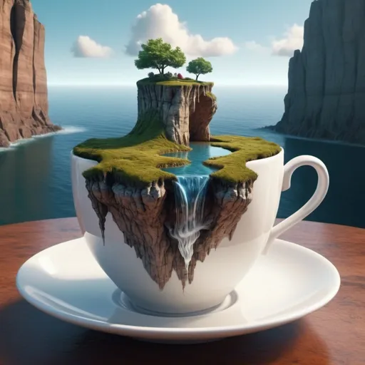 Prompt: Surreal fantasy cliff in tea cup. Surrealism. 8K. UHD. Photo realistic. Hyper detailed.