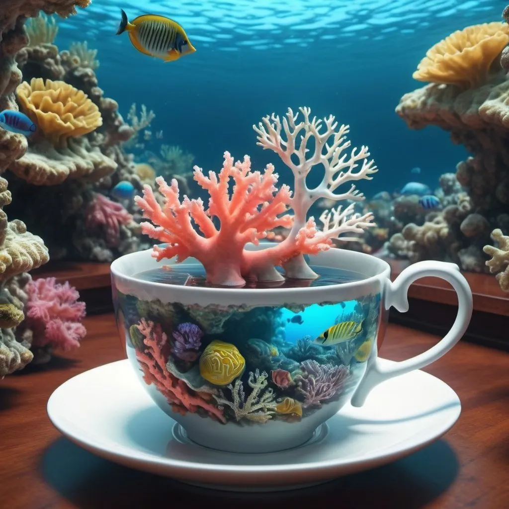 Prompt: Surreal fantasy coral reef in tea cup. Surrealism. 8K. UHD. Photo realistic. Hyper detailed.