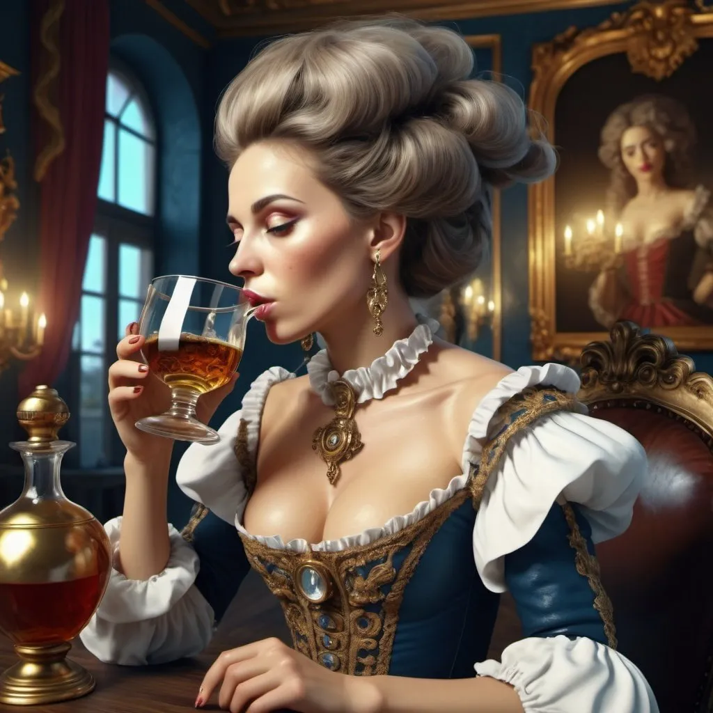 Prompt: Surreal fantasy. Beautiful baroque woman drinking rum. Surrealism. 8K. UHD. Photo realistic. Hyper detailed.