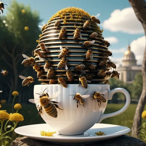 Prompt: Surreal fantasy beehive in tea cup. Surrealism. 8K. UHD. Photo realistic. Hyper detailed.