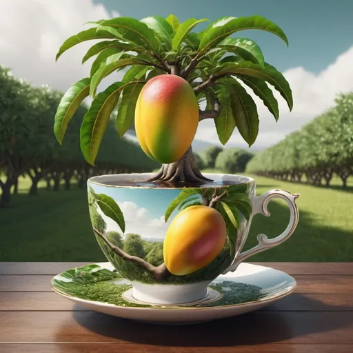 Prompt: Surreal fantasy mango tree in tea cup. Surrealism. 8K. UHD. Photo realistic. Hyper detailed.