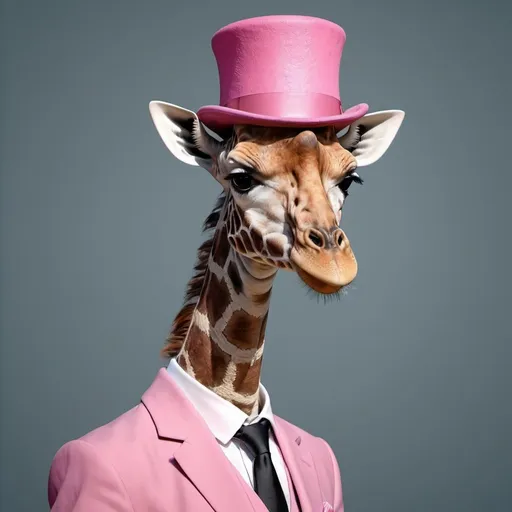 Prompt: Giraffe wearing pink top hat and suit. UHD. Photorealistic. 8K. Hyper detailed.
