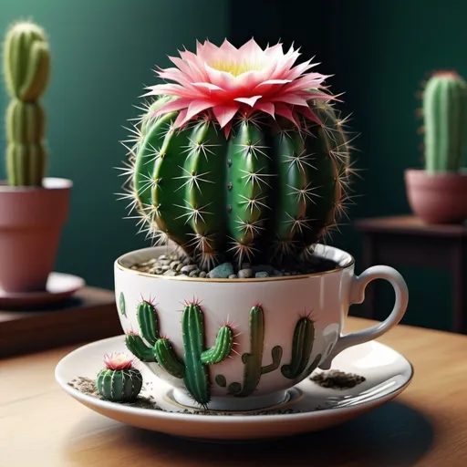 Prompt: Surreal fantasy cactus in tea cup. Surrealism. 8K. UHD. Photo realistic. Hyper detailed.