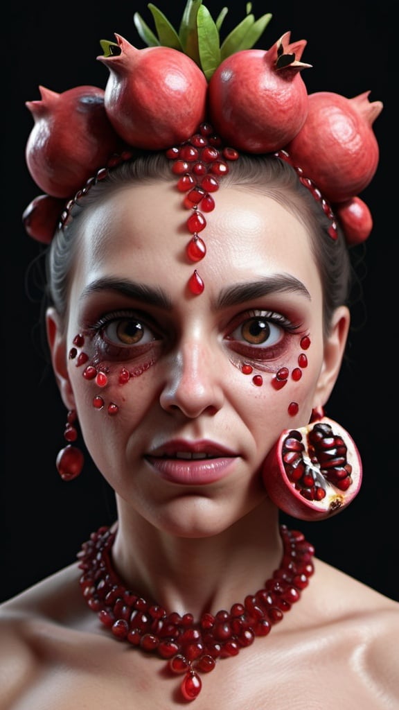 Prompt: Grotesque pomegranate woman. UHD. Photorealistic. 8K. Hyper detailed.