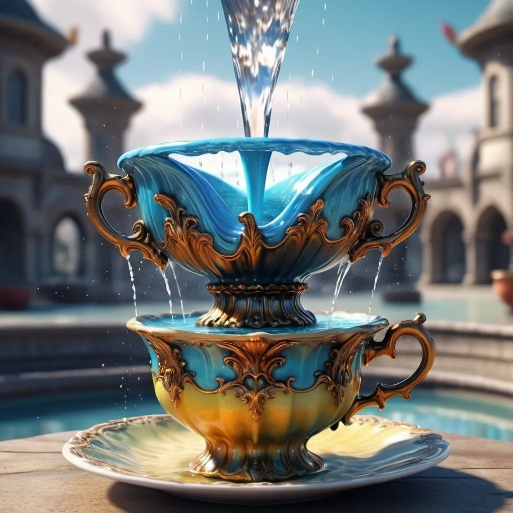 Prompt: Surreal fantasy fountain in tea cup. Surrealism. 8K. UHD. HDR. Photo realistic. Hyper detailed.