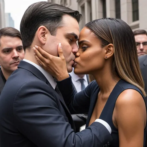 Prompt: 8K, UHD, ultra realistic. Ben Shapiro and Candace Owens kissing. 