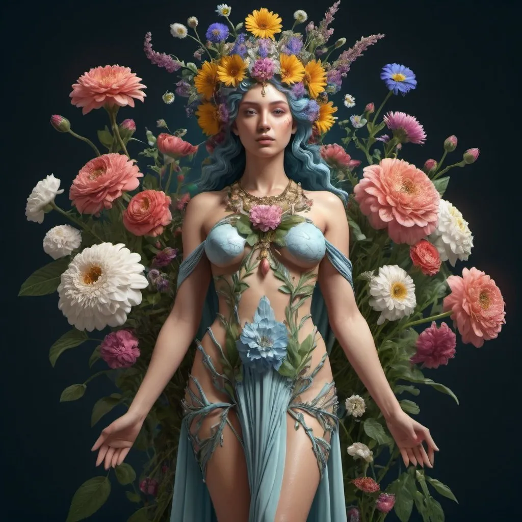 Prompt: Goddess of flowers. Full length. Full body. Surrealism. 8K. UHD. Photo realistic. Hyper detailed.