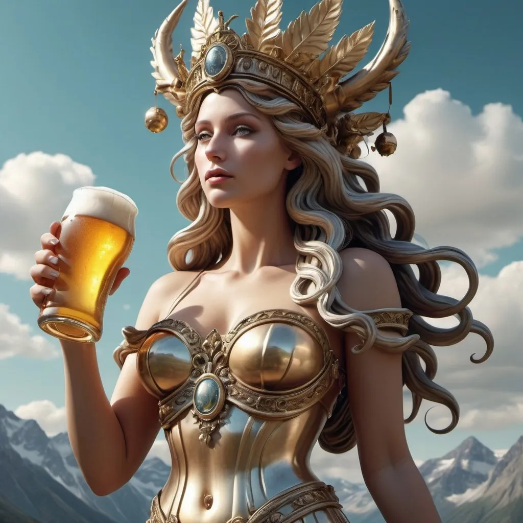 Prompt: Goddess of beer. Surrealism. 8K. UHD. Photo realistic. Hyper detailed.