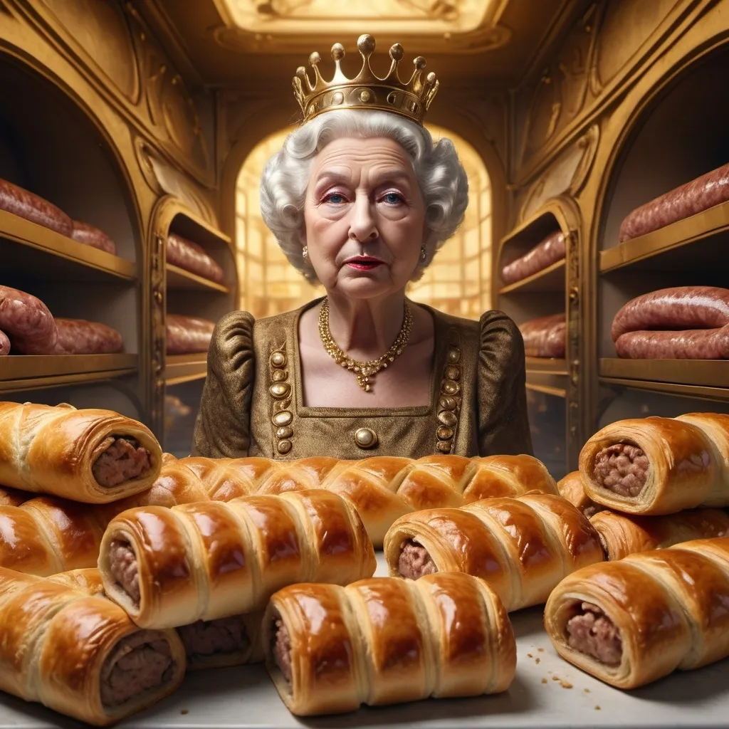 Prompt: Queen of sausage rolls. Surrealism. 8K. UHD. Photo realistic. Hyper detailed.