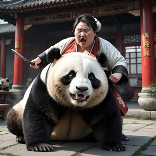Prompt: Fat Chinese woman fighting panda. 8K. UHD. Photorealistic. Super detailed.