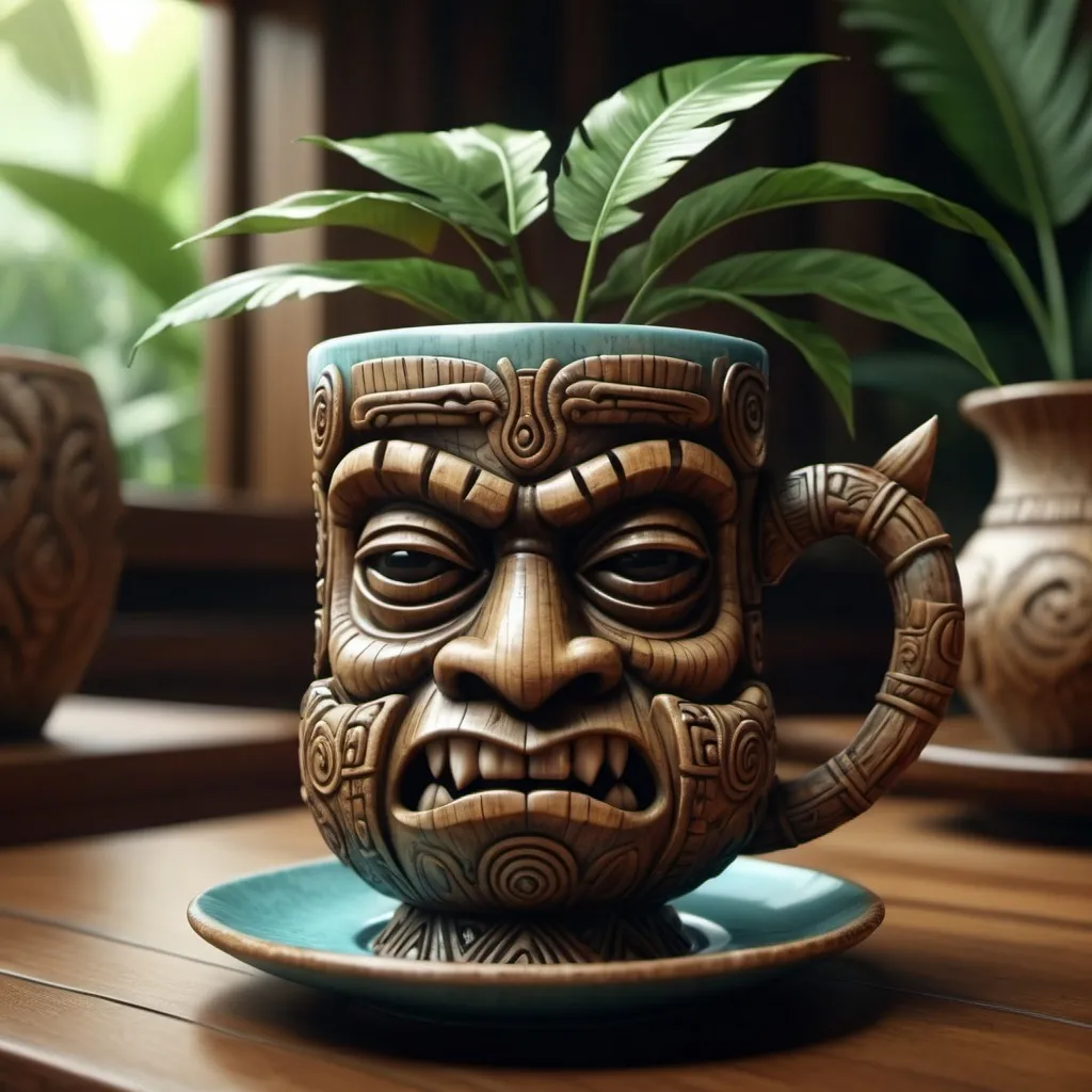 Prompt: Surreal fantasy tiki statue in tea cup. Surrealism. 8K. UHD. Photo realistic. Hyper detailed.