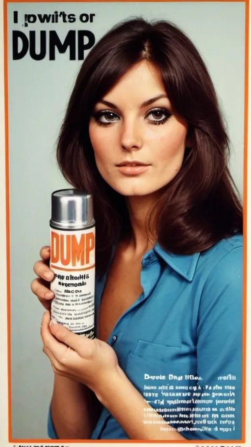 Prompt: Advert for "Dump". Pretty brunette woman holding aerosol. 1970s style.