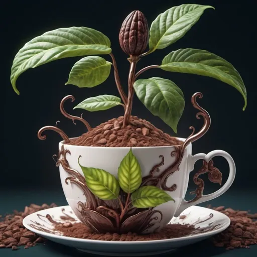 Prompt: Surreal fantasy cocoa plant in tea cup. Surrealism. 8K. UHD. Photo realistic. Hyper detailed.