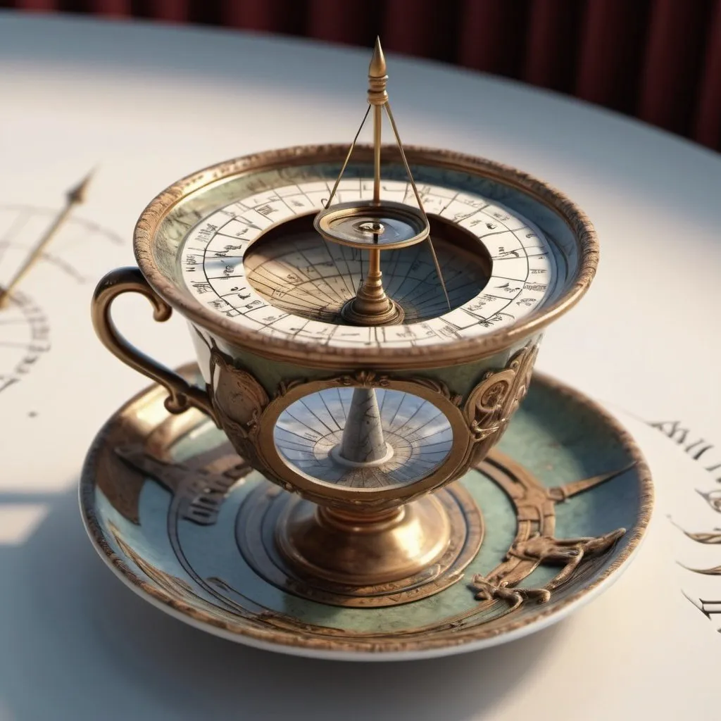 Prompt: Surreal fantasy sundial in tea cup. Surrealism. 8K. UHD. Photo realistic. Hyper detailed.