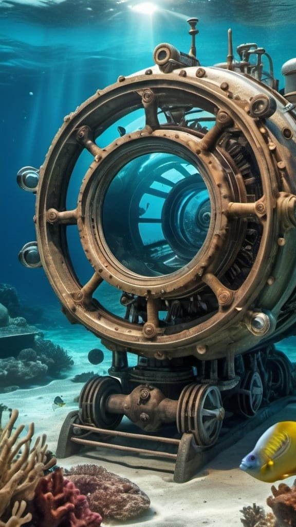 Prompt: Surreal underwater machine. UHD. HDR. 8K. Photorealistic. Super detailed. Professional photography.