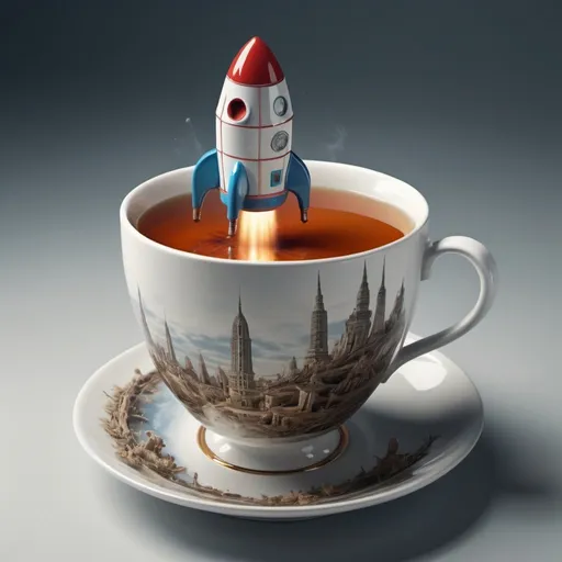 Prompt: Surreal rocket in tea cup. Surrealism. 8K. UHD. Photo realistic. Hyper detailed.