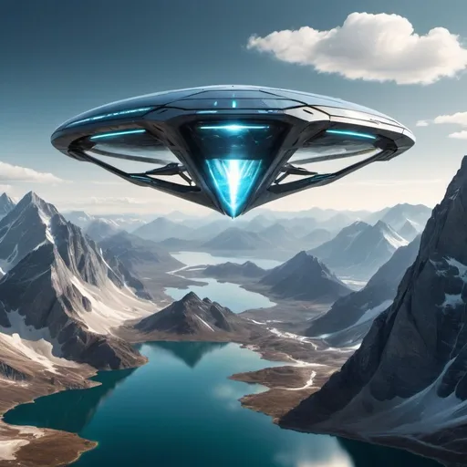 Prompt: a futuristic looking object flying through the air over a mountain range with a lake in the middle of it
