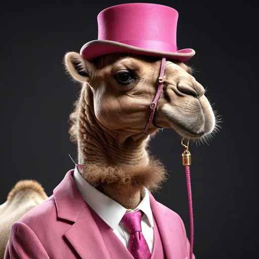 Prompt: Camel wearing pink top hat and suit. UHD. Photorealistic. 8K. Hyper detailed.