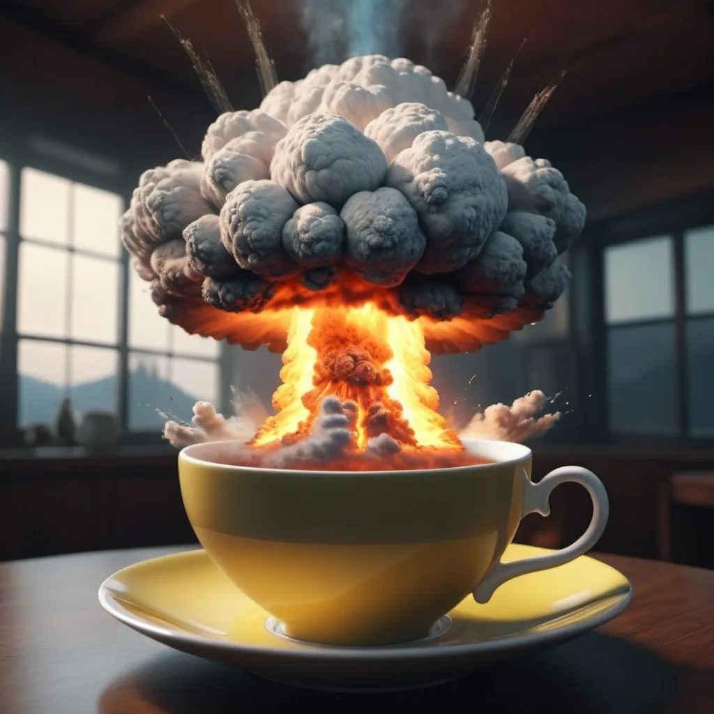 Prompt: Surreal fantasy nuclear explosion in tea cup. Surrealism. 8K. UHD. Photo realistic. Hyper detailed.