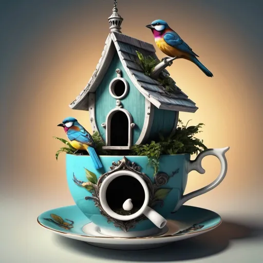 Prompt: Surreal fantasy birdhouse in tea cup. Surrealism. 8K. UHD. Photo realistic. Hyper detailed.