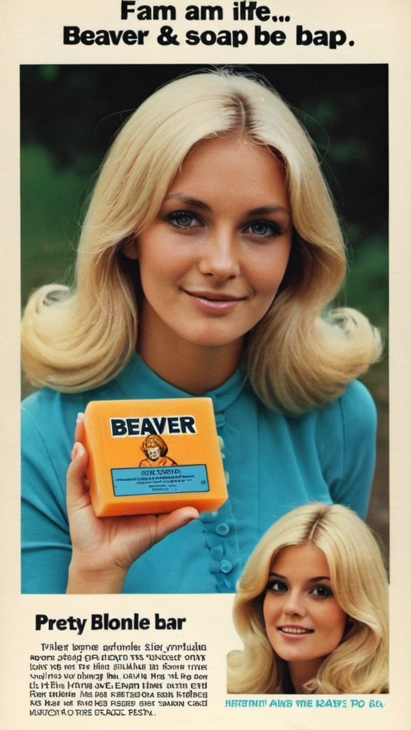 Prompt: Advert for "Beaver Soap". Pretty blonde woman holding soap bar. 1970s style.