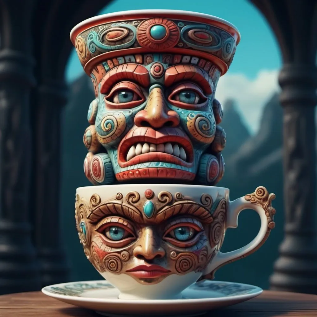 Prompt: Surreal fantasy totem pole in tea cup. Surrealism. 8K. UHD. Photo realistic. Hyper detailed.