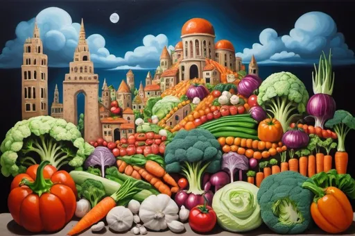 Prompt: Surreal city made of food and vegetables. Acrylic painting. 